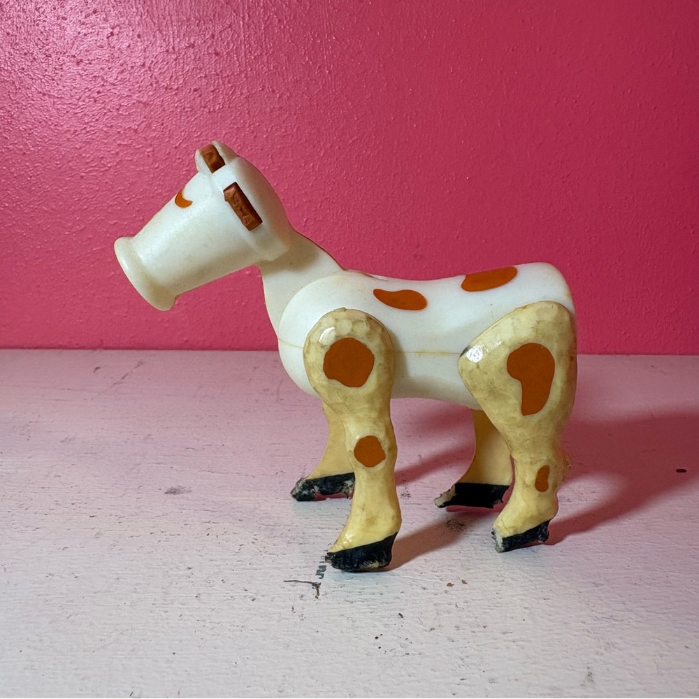 Fisher-Price Vintage Cream Brown Spotted Toy Cow Made in Hong Kong Little People